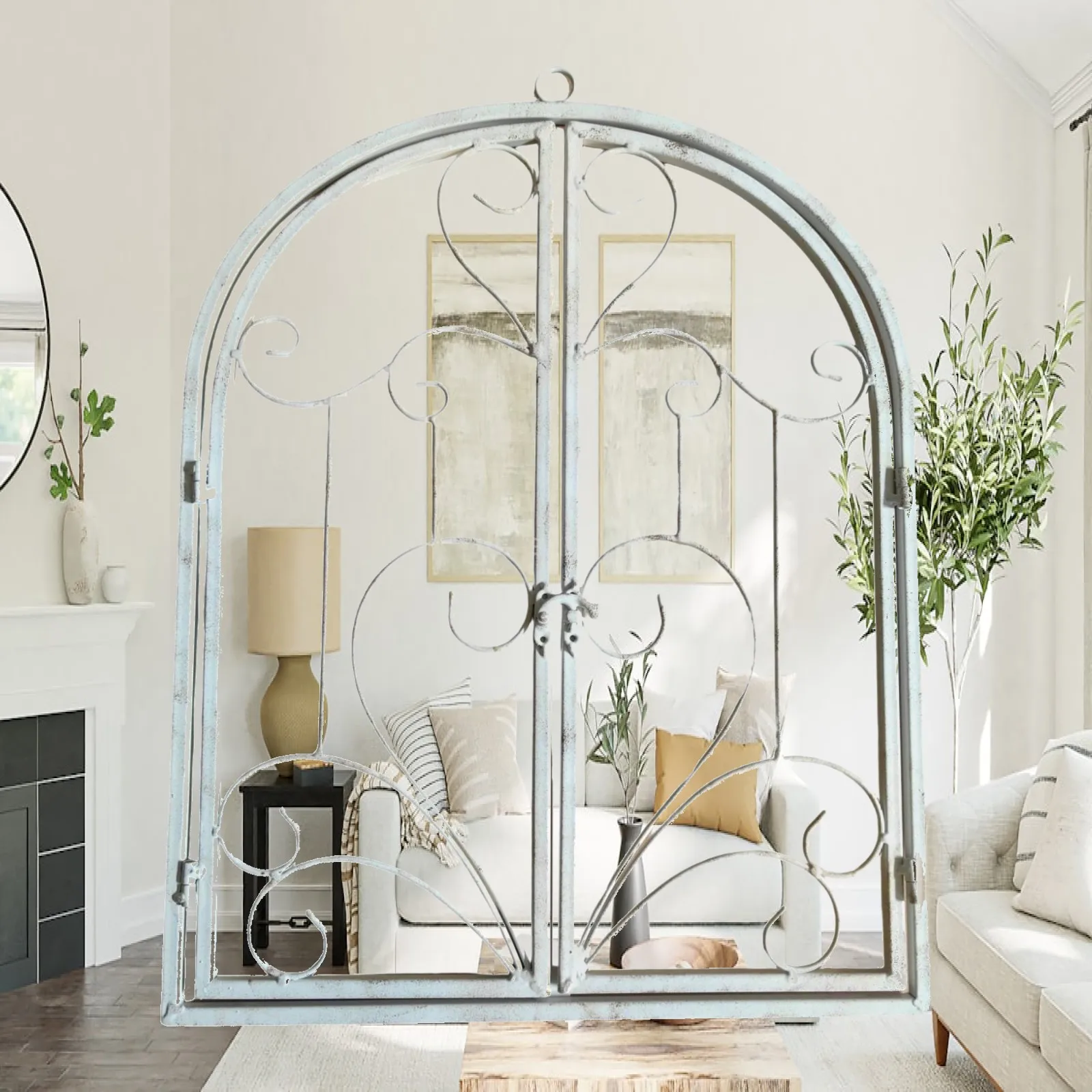 Wrought Iron Arched Window Wall Art Outdoor Wall Hanging Sculpture Fireplace Ornament for Entryway Bedroom