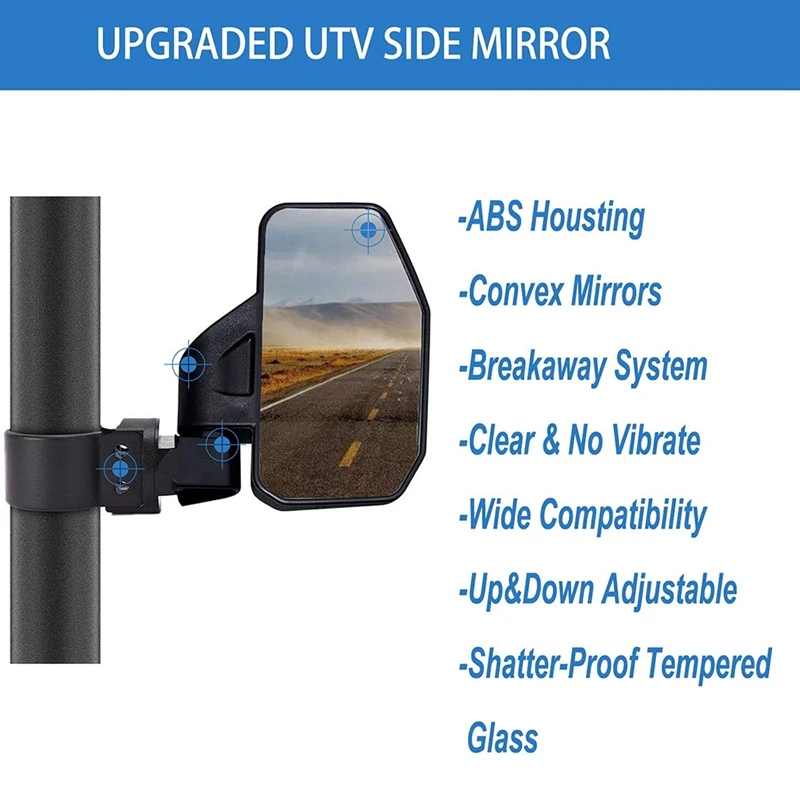 UTV Side Mirrors, Rear View Mirror For 1.6 Inch-2 Inch Roll Bar Clamp Break Away And Adjustable Arm For Polaris RZR 1000