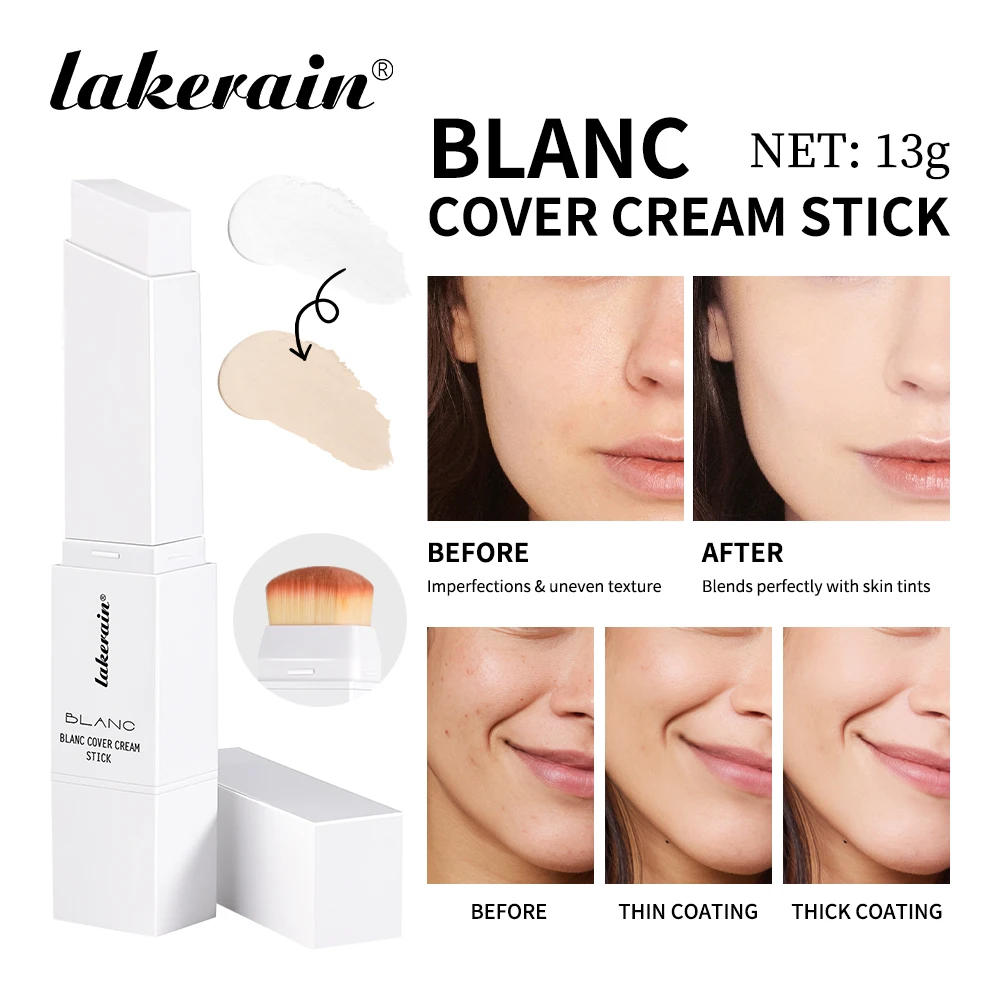 Lakerain Blanc Cover Cream Stick Dual-Ended with Detachable Brush Base Makeup Coverage Korean Color-Changing Foundation Stick