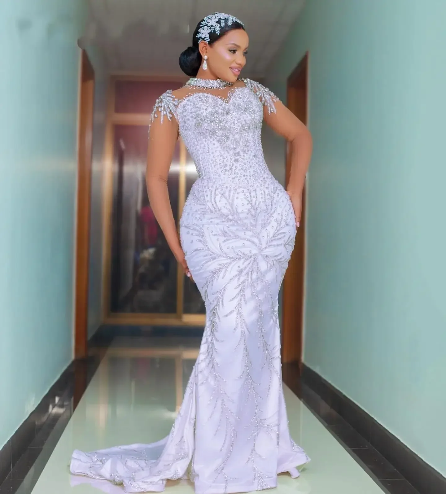 

Customized High Collar African Handwork Shinny Beads Crystals Wedding Dress For Bride Illusion Full Sleeves Church Bridal Gown