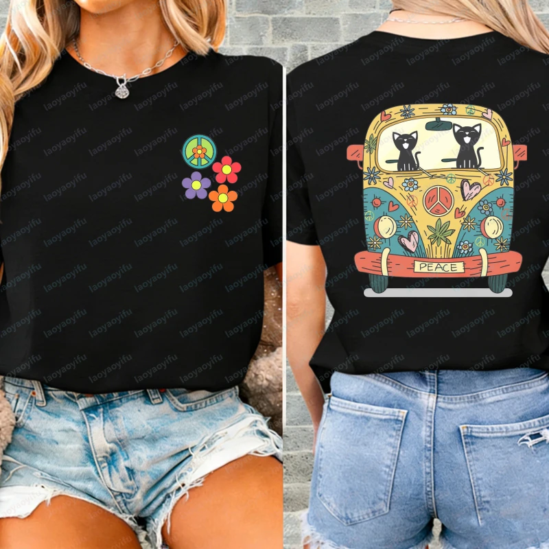 Vintage Playful Boho Cat Unisex Cotton Tee Cute Black Cats Driving Peace Van Graphic Tops Summer Trend Kawaii Clothes for Women