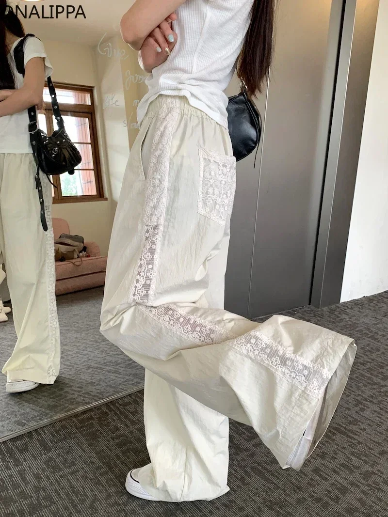 

Onalippa Sweet Lace Patchwork White Pants Elasitc High Waist Wide Legs Full Length Streetwear Women Korean Casual Cargo Pants
