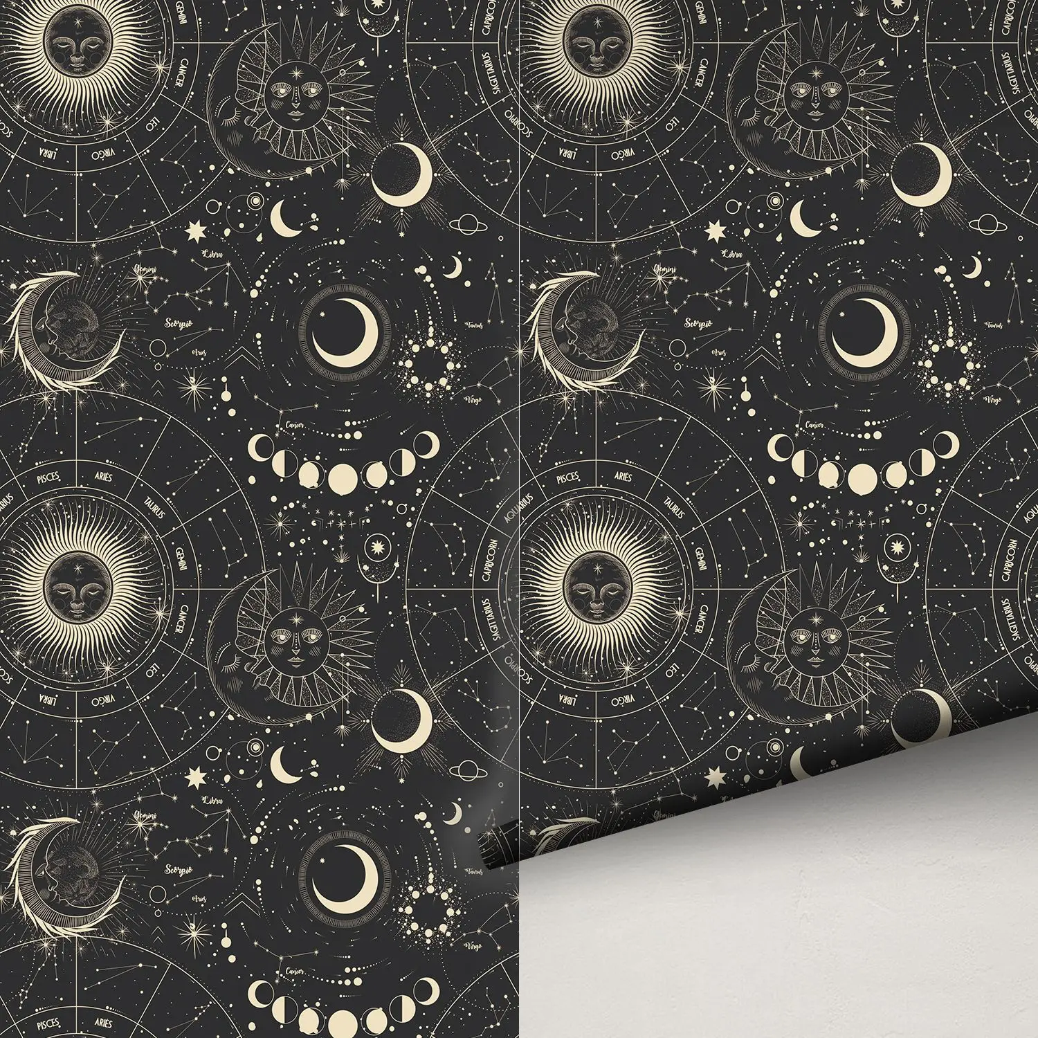 Boho Celestial Sun Moon Star Zodiac Self Adhesive Wallpaper Vintage Astrological Constellation Peel and Stick Wall Mural