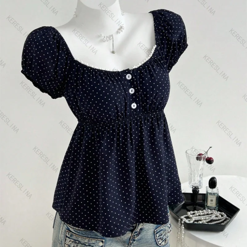 

Sweet cute elegant polka dot printed button T-shirt top European and American summer trendy high street style female T-shirt top