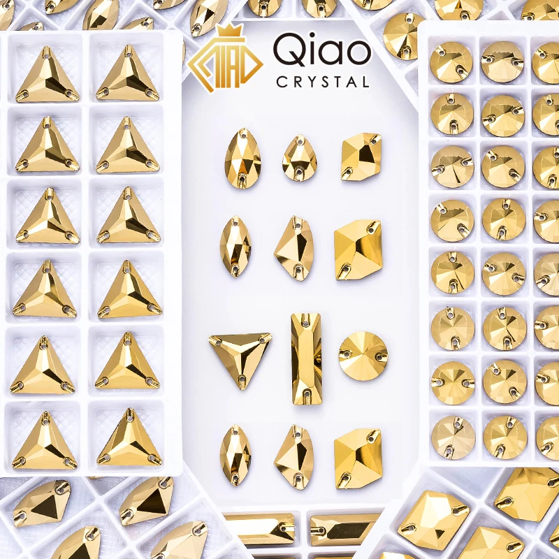 QIAO Aurum Gold Crystal Glass Sew On Rhinestones Flatback Sewing Stones for Clothes Dress Bags Shoes Craft DIY Bulk Wholesale