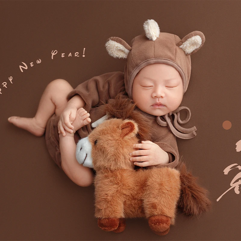 

2026 Animal Theme Newborn Photography Outfit Baby Soft Skin-Friendly Romper and Hat, Pony Plush Toy Professional Photo Props
