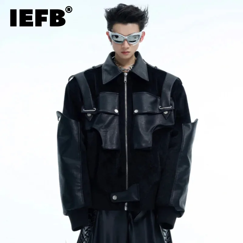 IEFB High Street Men Coat Double Layer PU Leather Splicing Short Plush Thick Long Sleeve Lapel Design New Male Jackets 24E5181