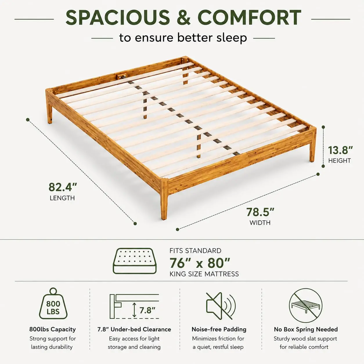 Solid Wood Platform Bed 14in Heavy Duty Acacia Slats No Box Spring Japanese Easy Assembly King, Customized