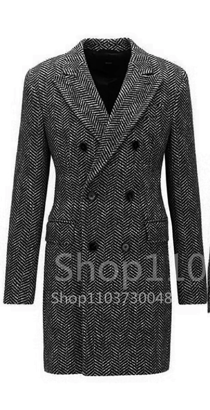 Men Herringbone Long Coat Dark Gray Herringbone Wool Blend Double Breasted Suit Jacket Business Overcoat Smart Casual Man Blazer