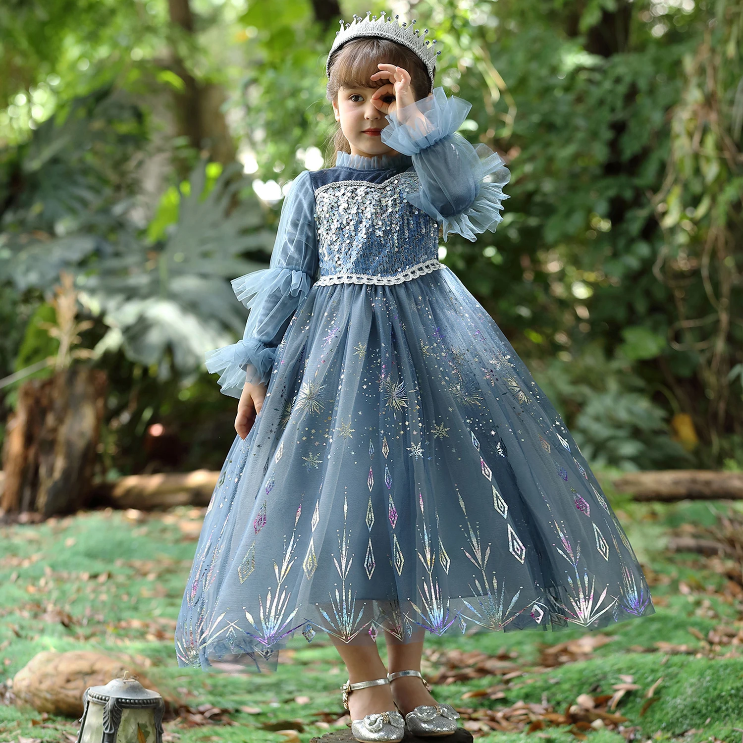 Fashion Lace Sequin Girls Party Dresses Elegant Elsa Same Kid Girl Princess Dress Ruffle Sleeve Children Dresses Long Prom Dress