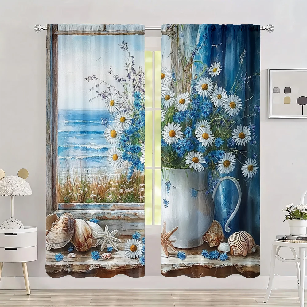 

2pc, Spring Colorful Window Curtain Blue daisies and starfish Polyester,Without Electricity Family Party Decoration Use for