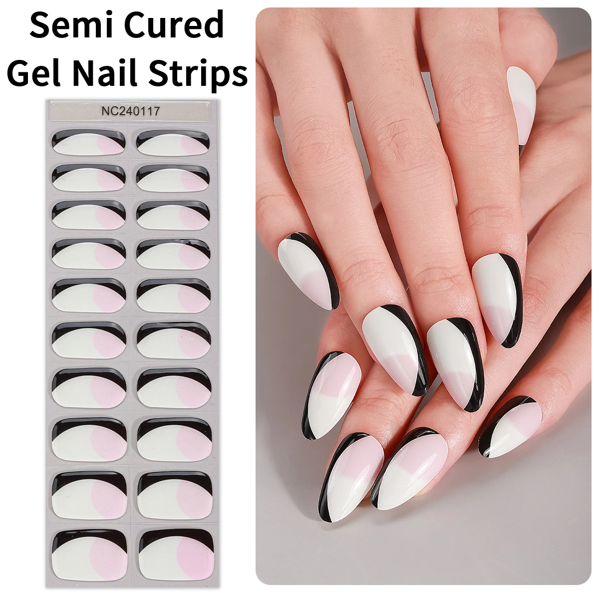 

20Tips Black and Pink French Semi Cured Gel Nail Strips Simple Gel Polish Stickers Long Lasting Self-Adhesive Gel Nail Wraps