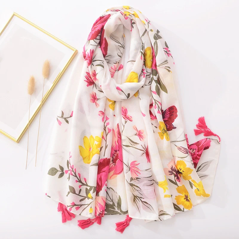 Bloemenprint Moslim Vrouwen Hijab Katoen Zachte Sjaals Hijaabs Voor Vrouw Luxe Hoofd Sjaal Mode Kwastje Sjaal Strandlaken Bandana