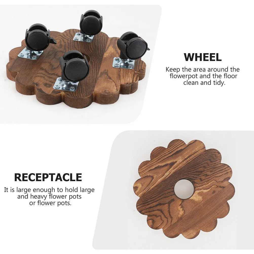1pc Solid Wood Flower Pot Tray Removable Rolling Base For Home Office Garden Plants Moving Tray Durable Plant Stand With Hole