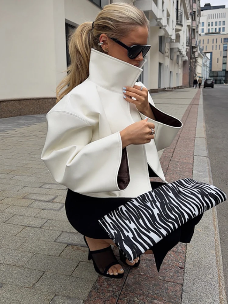 Beige Croc Leather Cropped Jacket Y2k Stand Collar Long Sleeve Wide Cuff Oversize Coat 2026 Autumn Street Daily Casual Outerwear