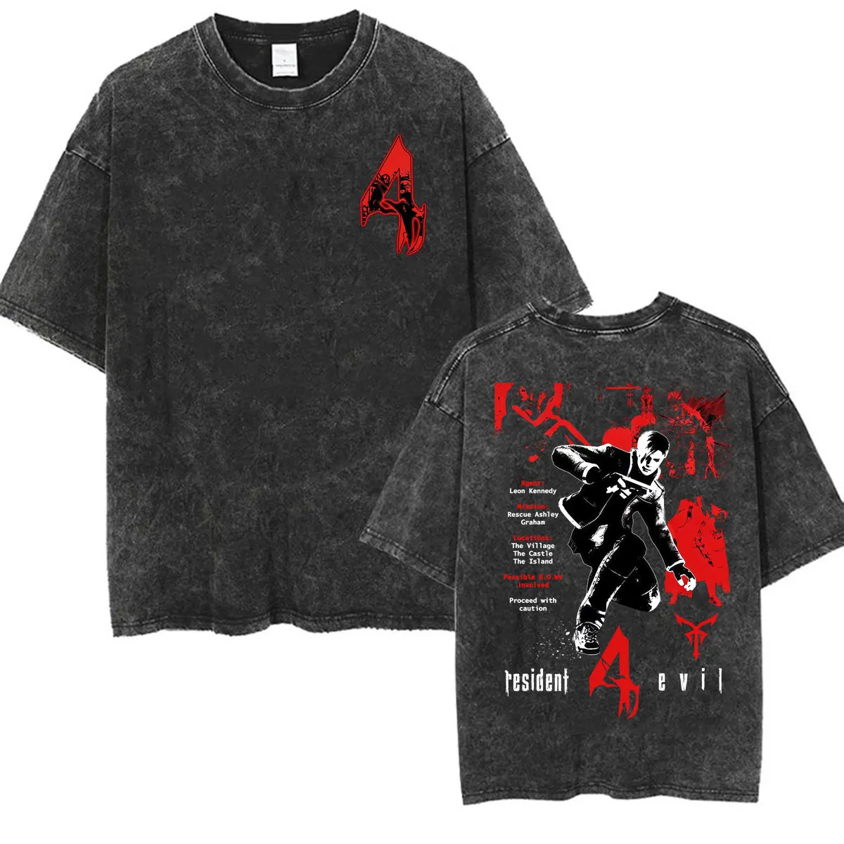 Limited Resident Evil Requiemm Leon Kennedy Vintage Washed T-shirts for Men Women Harajuku Fashion Oversized T Shirts Streetwear