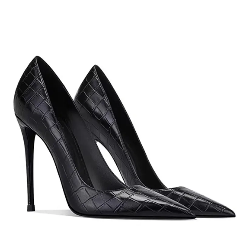 New Black Crocodile Skin High Heels 12cm 10cm 8cm Women's Shoes Thin Heels Pointed Toe Ladies Pumps Shallow Stiletto Party Shoes