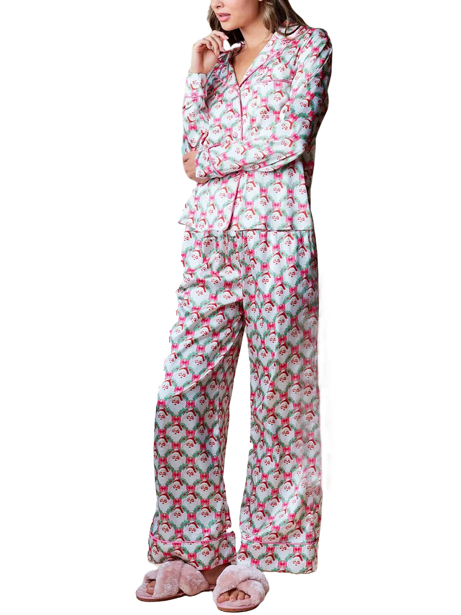 Women's 2 Piece Lounge Set Long Sleeve Santa Claus/Tree Print Shirt Wide Leg Pants Sleepwear Sets