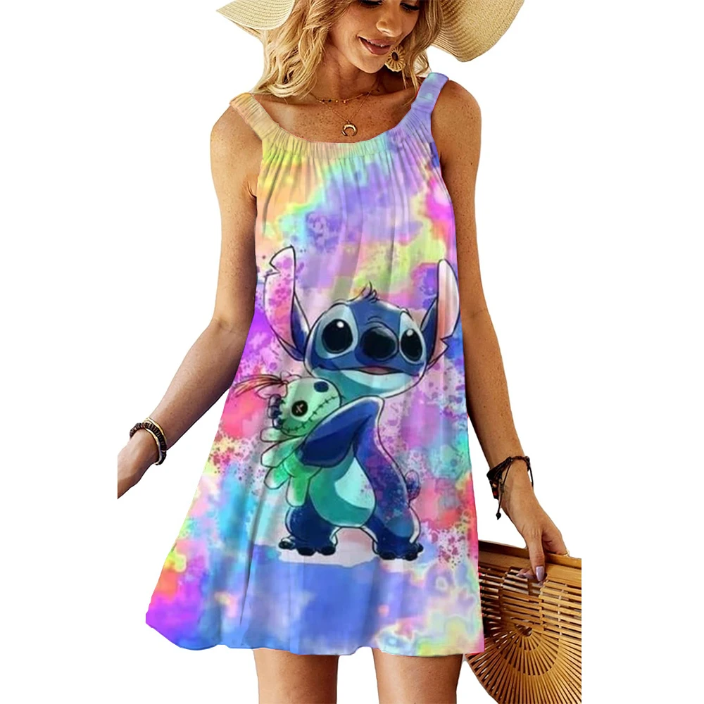 Beach Dress Y2k Loose Elegant Dresses for Women 2025 Party Cartoon Sexy Woman Clothes Robe Stitch Sling Sleeveless Printed Boho