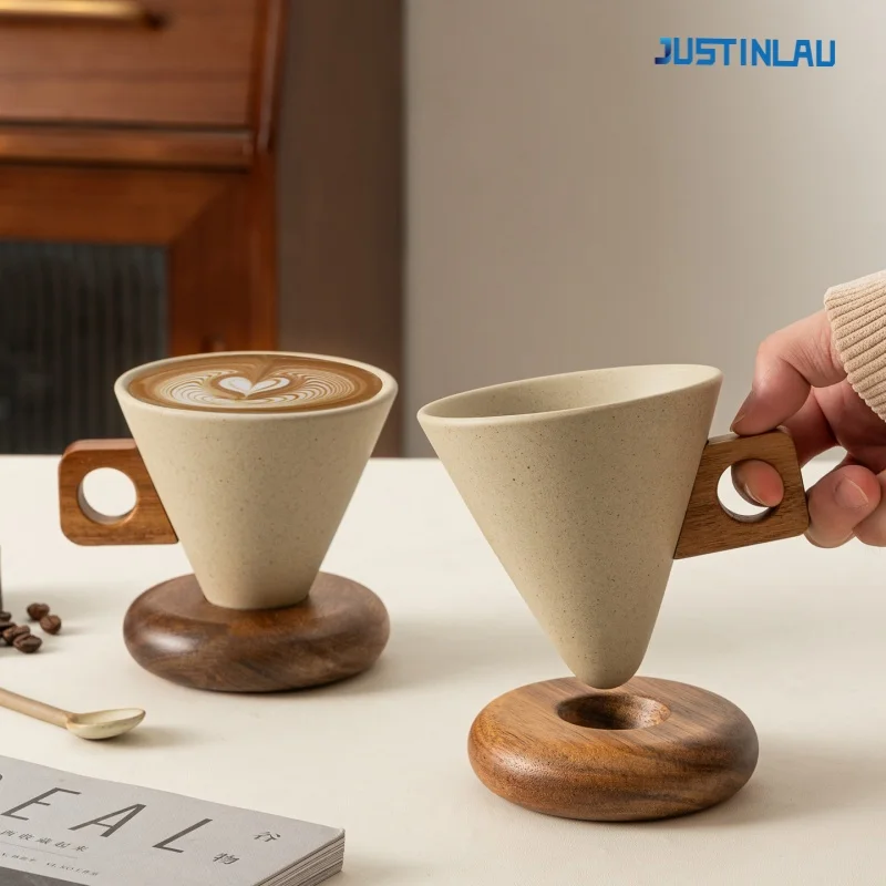 JUSTINLAU-Juego de taza de café de cerámica Retro y platillo de madera maciza, taza de café con mango de madera maciza, exquisitas tazas y exprimidores de café para el hogar