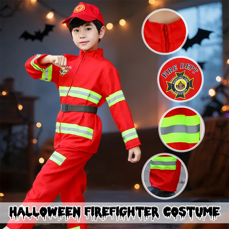 

Kids Firefighter Costume for Boys and Girls Realistic Dress Up Uniform with Helmet for Halloween Role Play & Birthday Party