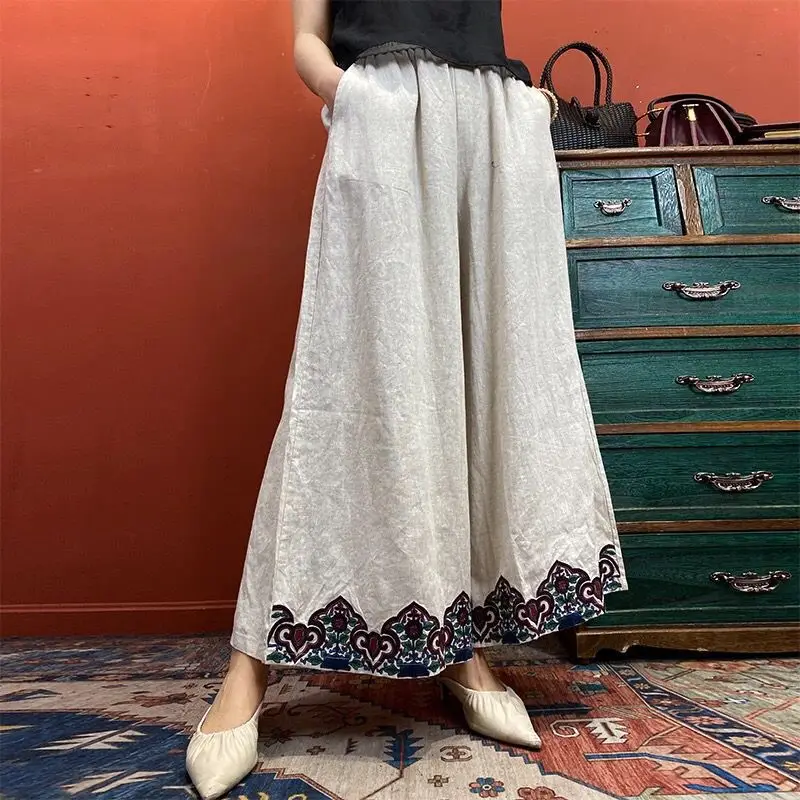 Ethnic Style Pants Chinese Style Embroidered Thin Wide-leg Pants Retro Versatile High-waisted Nine-point Pants for Women