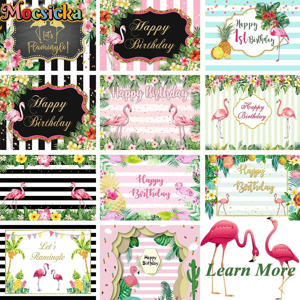 Fondo decorativo a rayas para fiesta temática de flamenco hawaiano, utilería de flor, hoja verde, fondo de cumpleaños para niña, fotomatón para bebé recién nacido