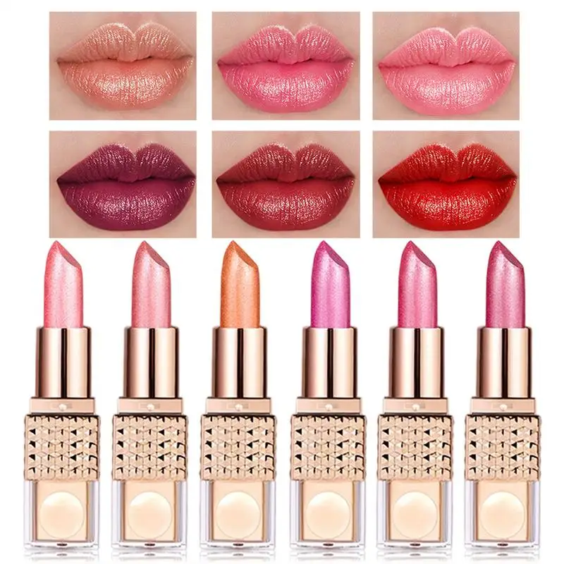 6pcs Shimmer Lipstick Set Red Glitter Lipstick Waterproof Long Lasting Diamond Pearlescent Metallic Lipstick Tinted Lip Balm
