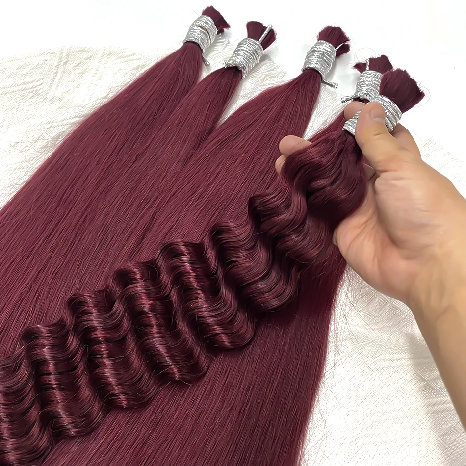 Bundles de cheveux humains Deep Wave pour femmes, extensions de cheveux, tressage, sans trame, bordeaux, en vrac, 99J, 300g, #30 po