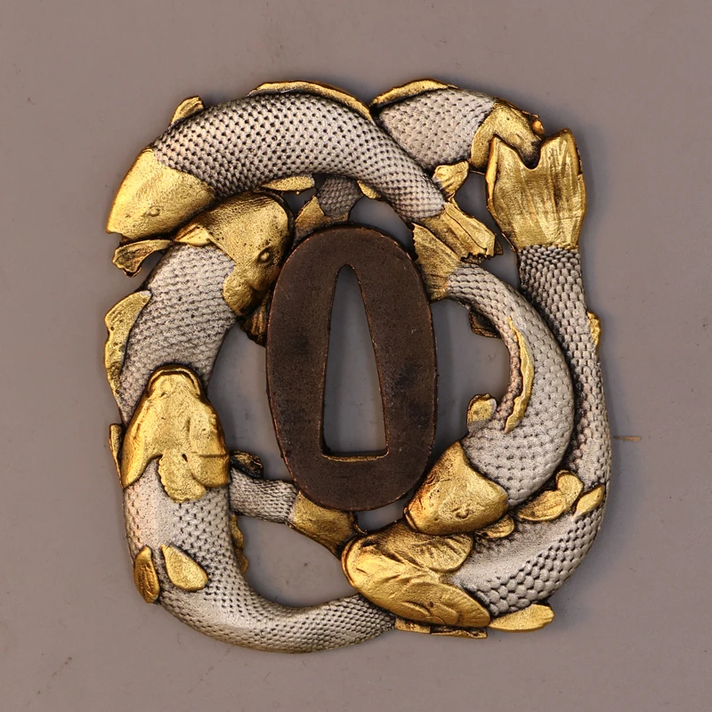 Quality Fish Theme Brass Tsuba, Copper Plating, Gold and Silver, Guard Fitting for Real Japanese Samurai Katana, Wakizashi Sword