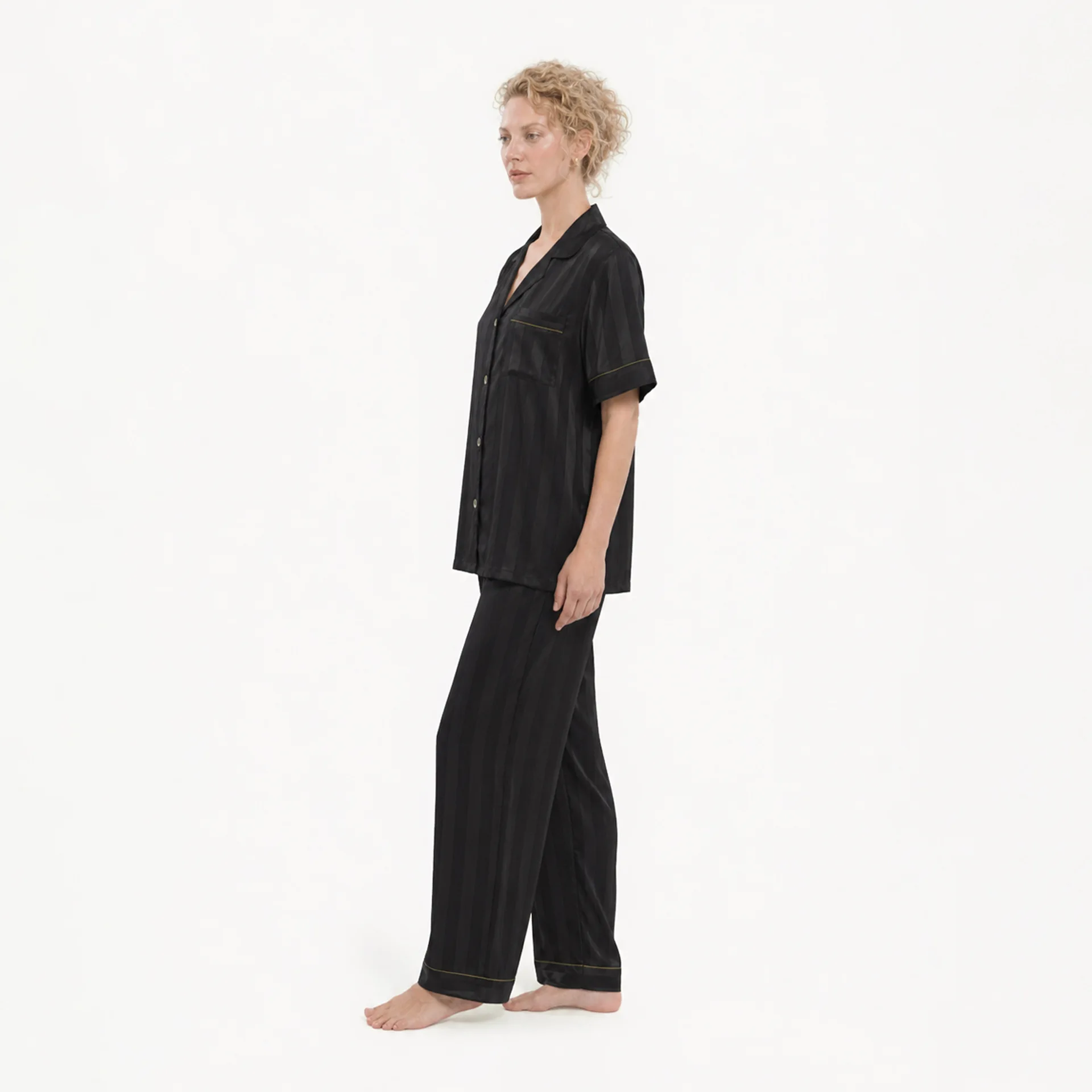 New Satin Jacquard Pajamas Women's Lapel Short Sleeved Shirt Long Pants Striped Casual Suit Simulated Silk Comfort Home Clothes 4