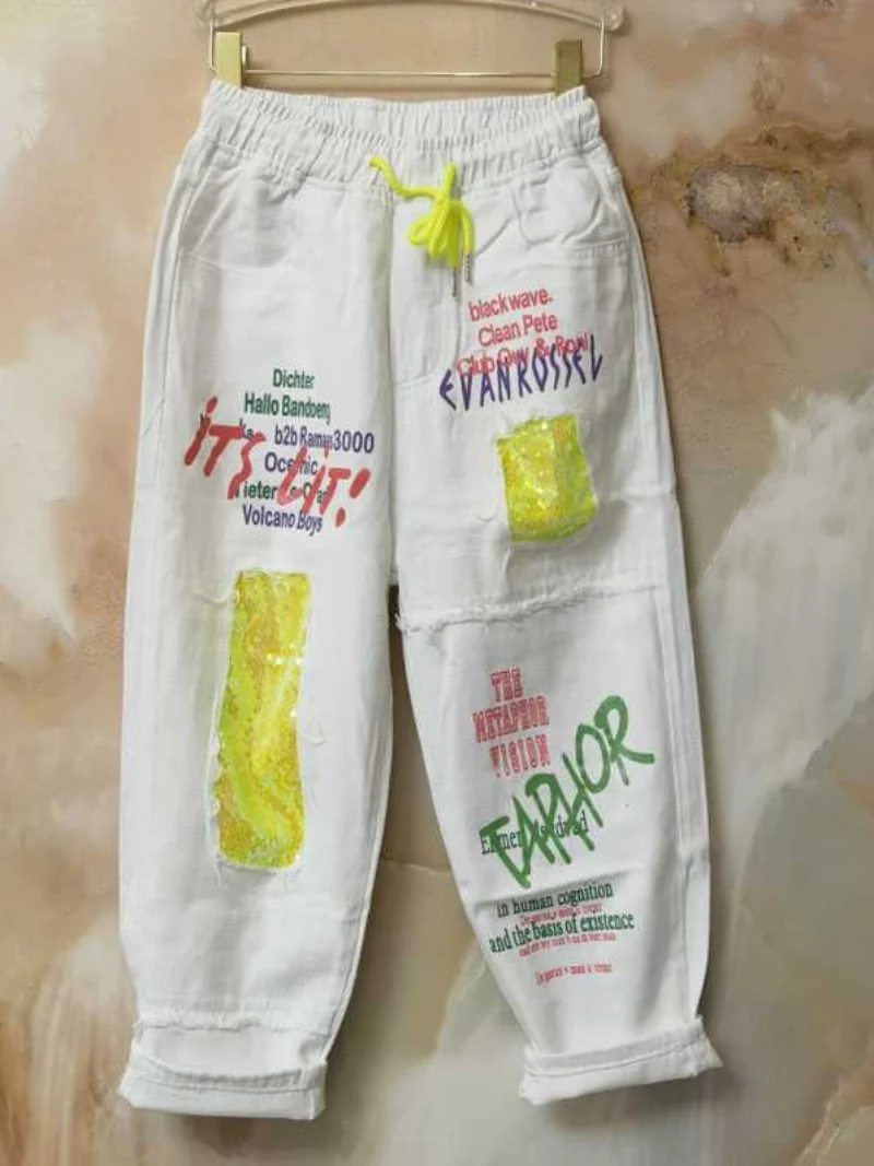

2025 New Casual Faion Sequin White 8 Pieces Women's Jeans Summer Small Size Bla Straight Leg Pants Glittering Slim Fit