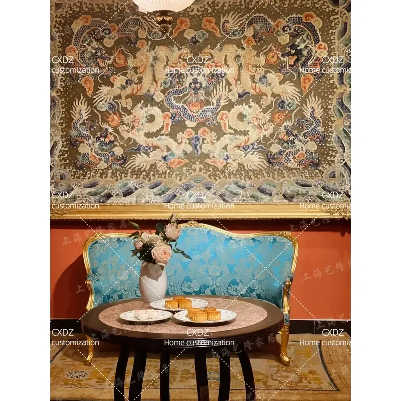 Rural Solid Wood Sofa Fabric Carved Court Style Double Triple Combination Living Room Furniture Leisure Chair