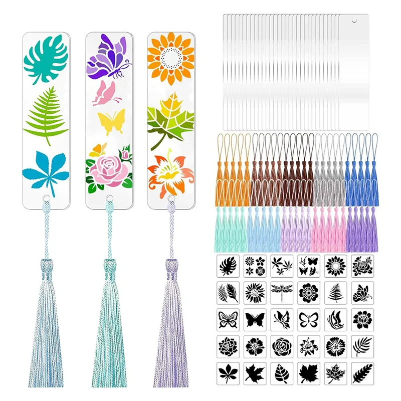 Blank Acrylic Bookmark Set, Clear Acrylic Blank Bookmark, Colorful Tasseland Painting Flower Style Pattern Template