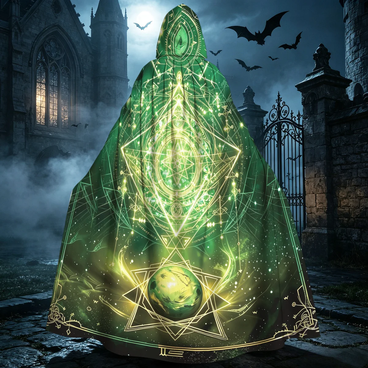 1pc Glowing Hooded Cloak Cape with Green Golden Mystic Occult Symbols - Hooded Long Robe Suitable for Witch Wizard Medieval
