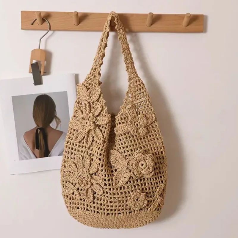 

Hollow Woven Shoulder Bags Bohemian Flower Beach Bag for Women Rose Crochet Straw Bag NEW Sea Floral Knitting Shopper Tote Hobos