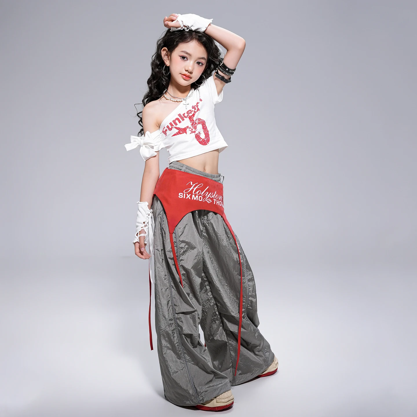 Girls K-pop Clothing Sweet Crop Top White Pants Hip Hop Clothes Kids Jazz Baggy Pants Children Streetwear Street Dance Costume