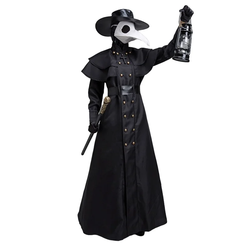 Halloween Plague Doctor Costume Hooded Robe with Beak Mask Medieval Steampunk Wizard Cloak for Cosplay Party Carnival Wear