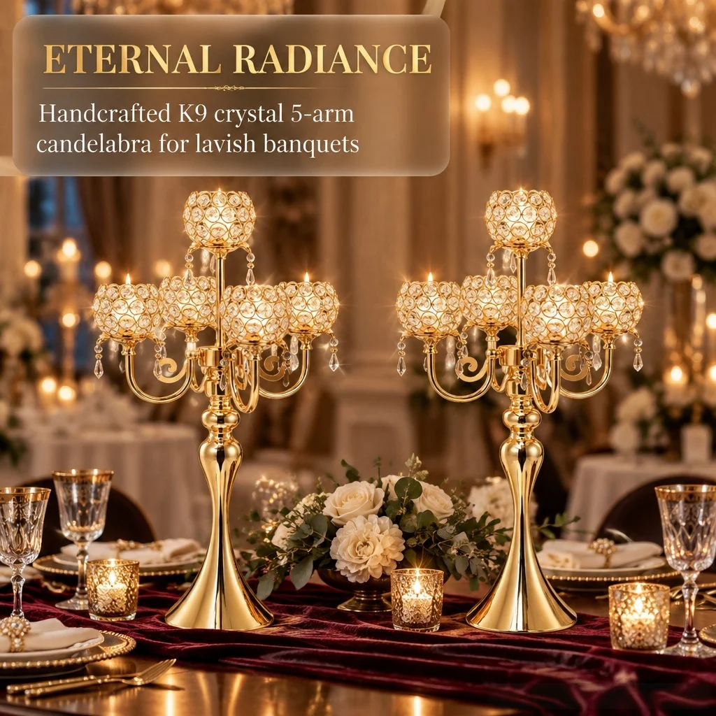 Curved Arm Candelabra with Beaded Crystal Orb Holders, Dangling Teardrop Prisms, Table Statement for Wedding & Formal Gathering