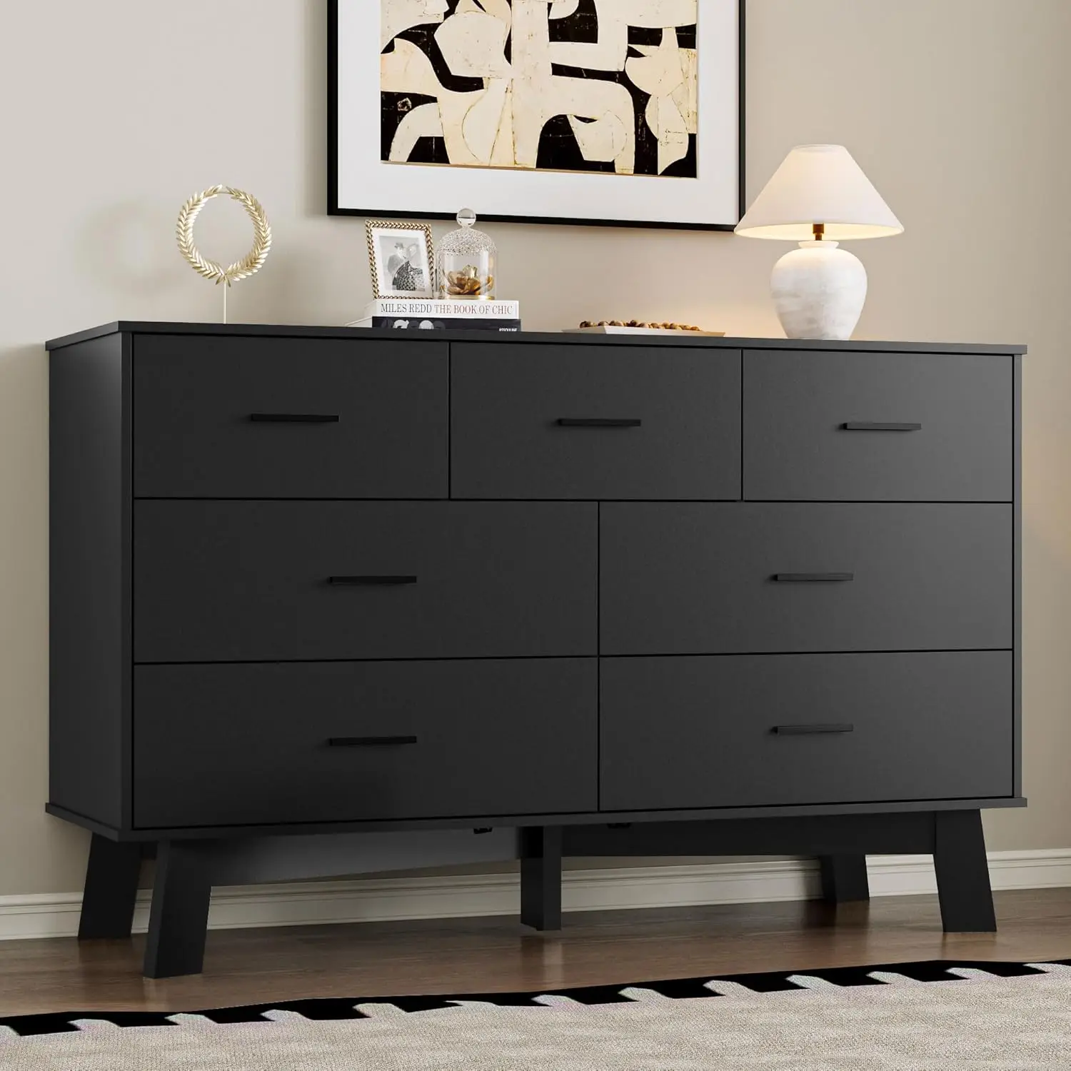 

Dresser for Bedroom with 7-Drawer, 47.2" Wide Modern Chest of Drawers with Metal Handles, X-Shape Base & Adjustable Center