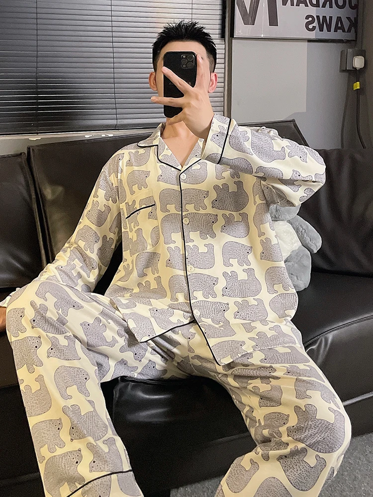 

DAIMELU Cartoon Pajamas Men's Spring Sleepwear Autumn Thin Cotton Long-sleeved Trousers Simple Can Be Worn Outside Large-size