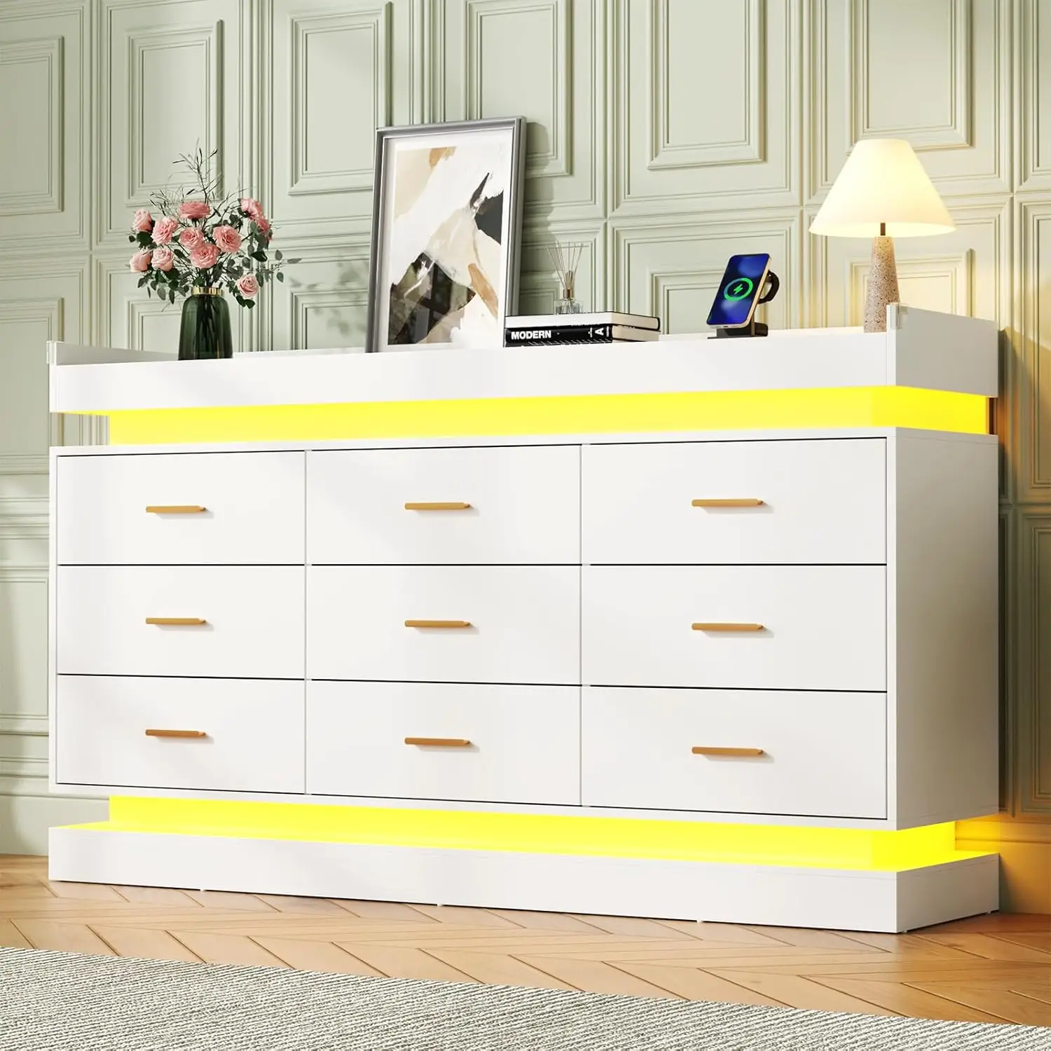 

63" 9-Drawer Dresser with LED Lights and Charging Station, White