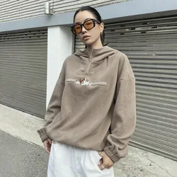 Original Letter Embroidered Fleece Hooded Sweatshirt Autumn and Winter Woman Loose Warm Casual Y2K Half Zipper Design Sweatshirt