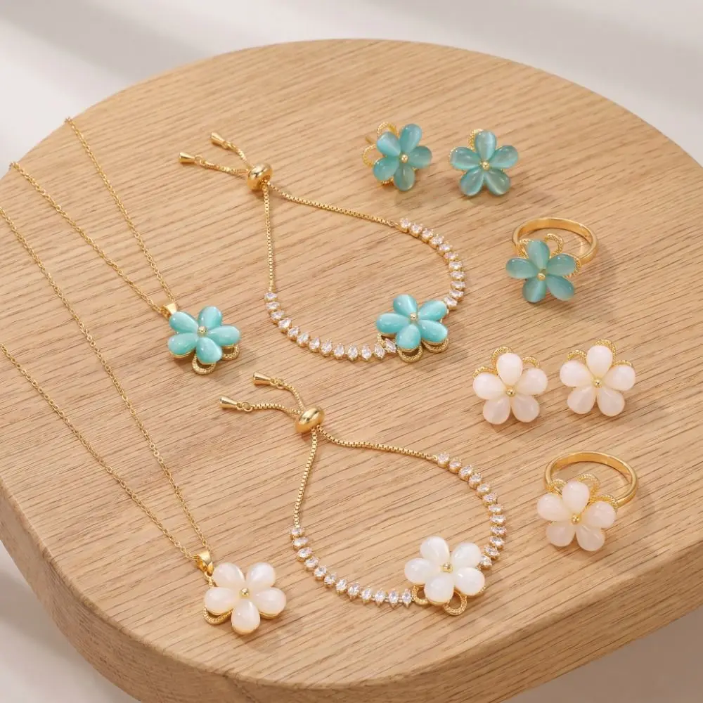 

Temperament Korean Style Spinning Zircon Necklace Rhinestone Party Women Finger Ring Blue White Luxury Jewelry Set Wedding