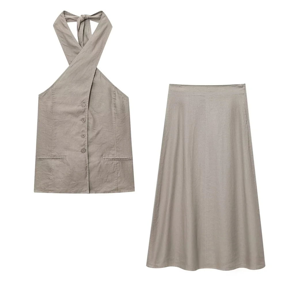 

Taop&Za Women's Fashion Sexy Hanging Neck Collar Tank Top Summer New Product Solid Color High Waist Comfortable Skirt