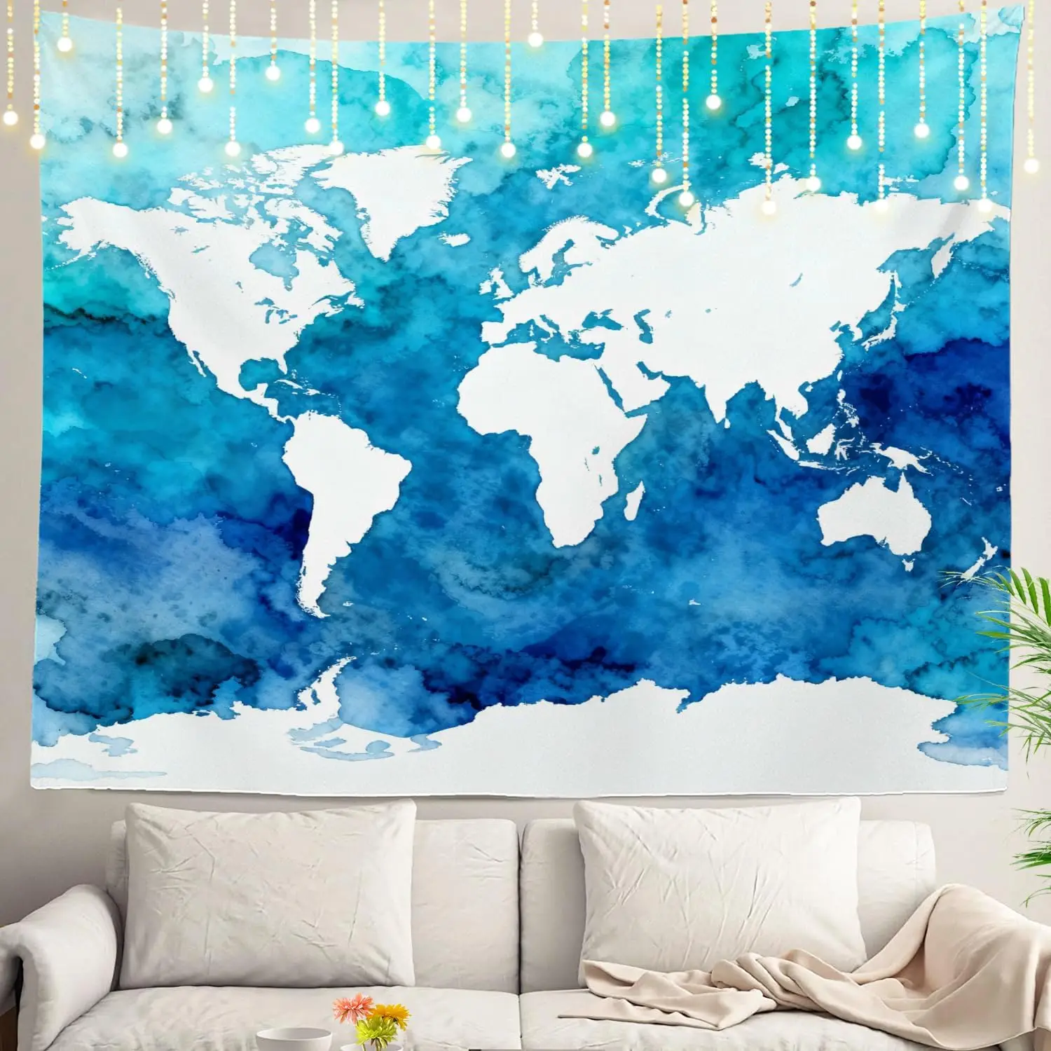 Watercolor World Map Tapestry Wall Decor Blue Ocean Global Geography Art Hanging String Lights Home Decoration Gift