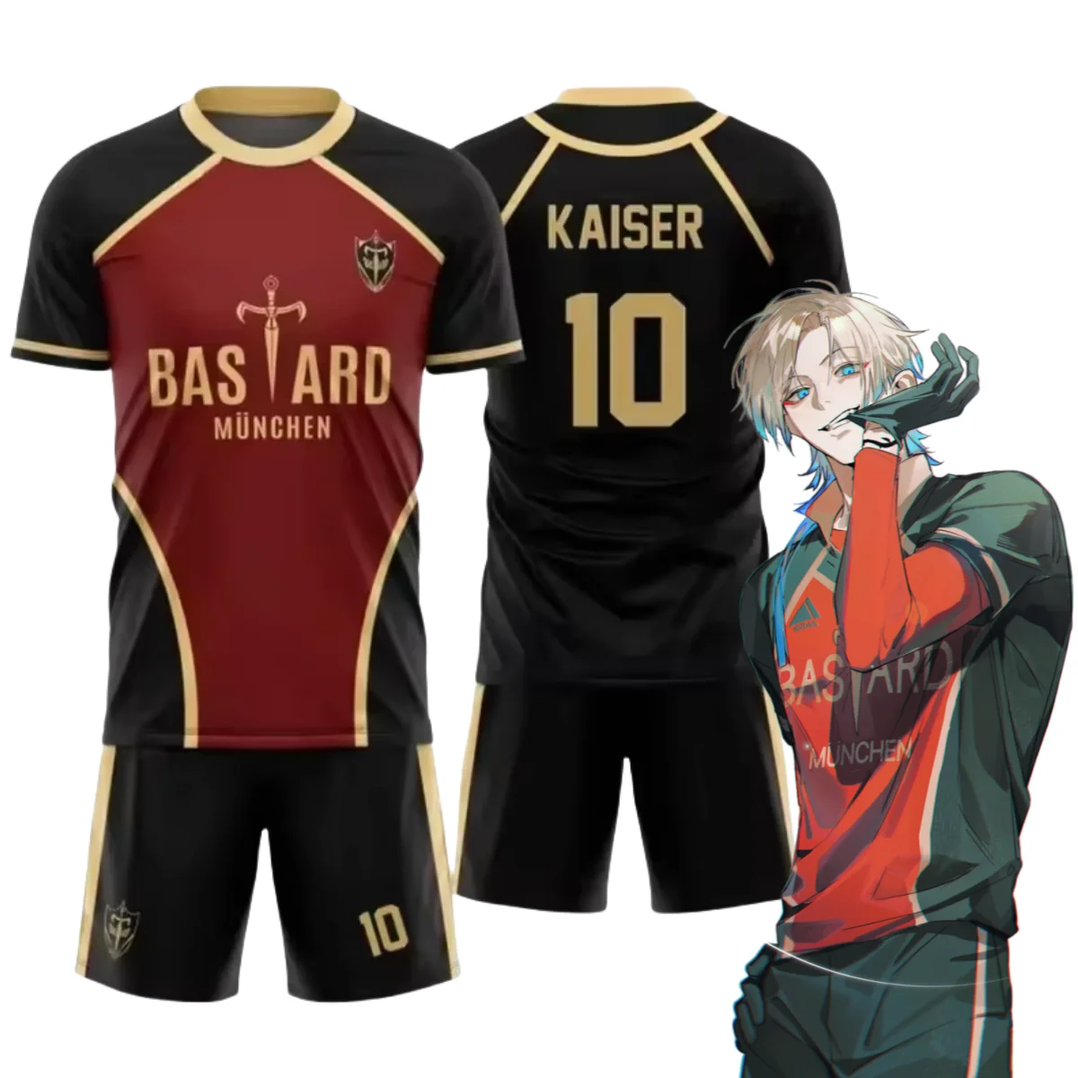 Anime Blue Lock Kaiser Camisa Trajes Cosplay Bastard Munchen # Conjunto de 10 shorts de camisas de futebol Michael Kaiser com impressão 3D