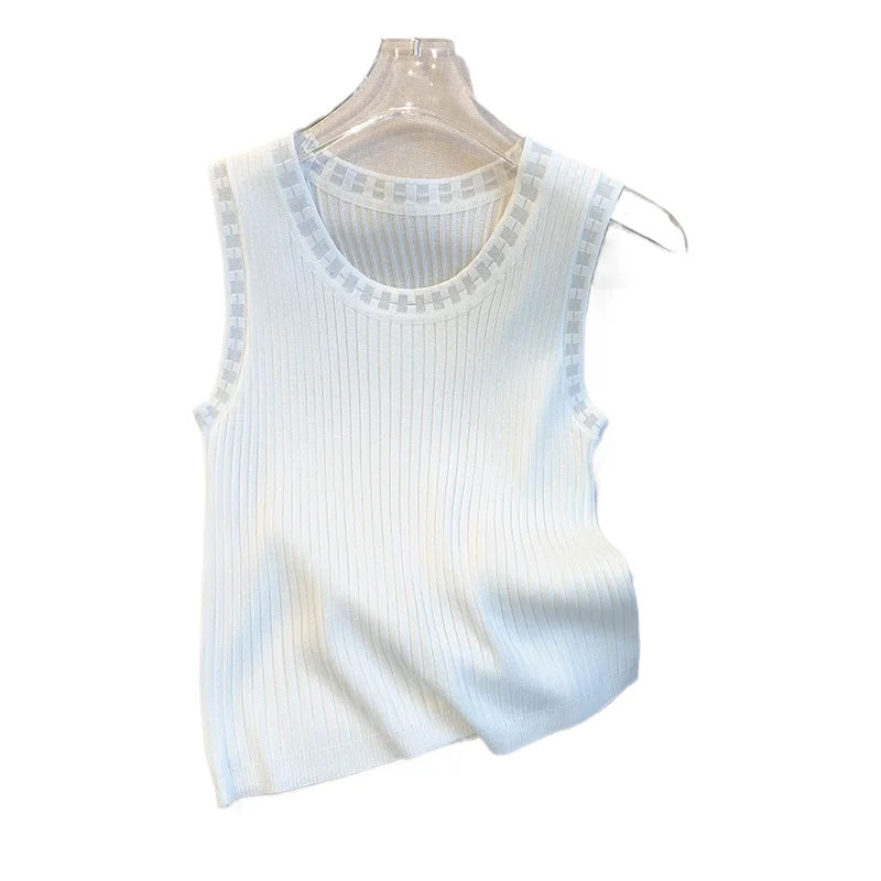 

Thin Elastic Contrast Trim O-Neck Tank Top 2025 Casual Sleeveless Knit Vest T-shirt For Summer Women's Sexy Clothing Crop Tee