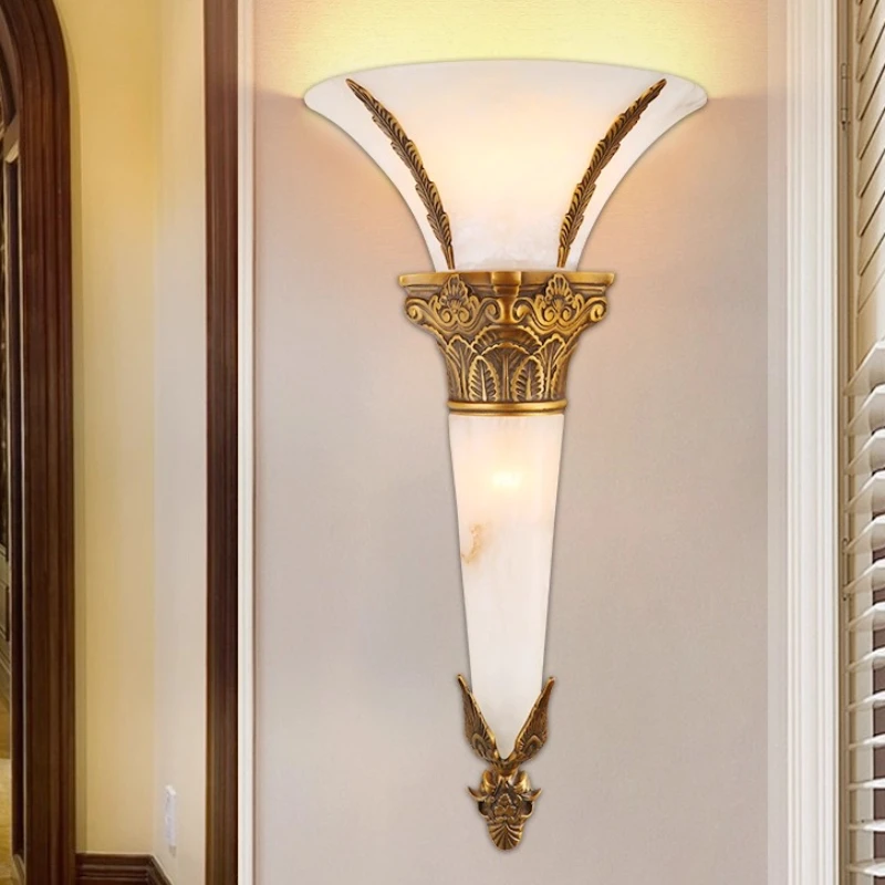 

European Luxury Wall Lamps All Copper Imported Marble LED Wall Sconce Living Room Bedsides Hotel Villa Spiral Staircase Fixtures
