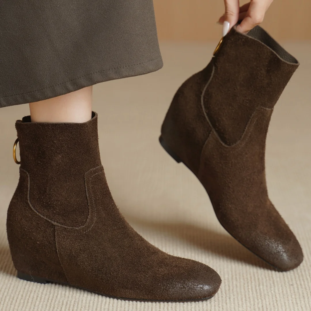 

Women's natural suede leather square toe back zip autumn ankle boots 5cm wedge med heel casual female high quality short booties
